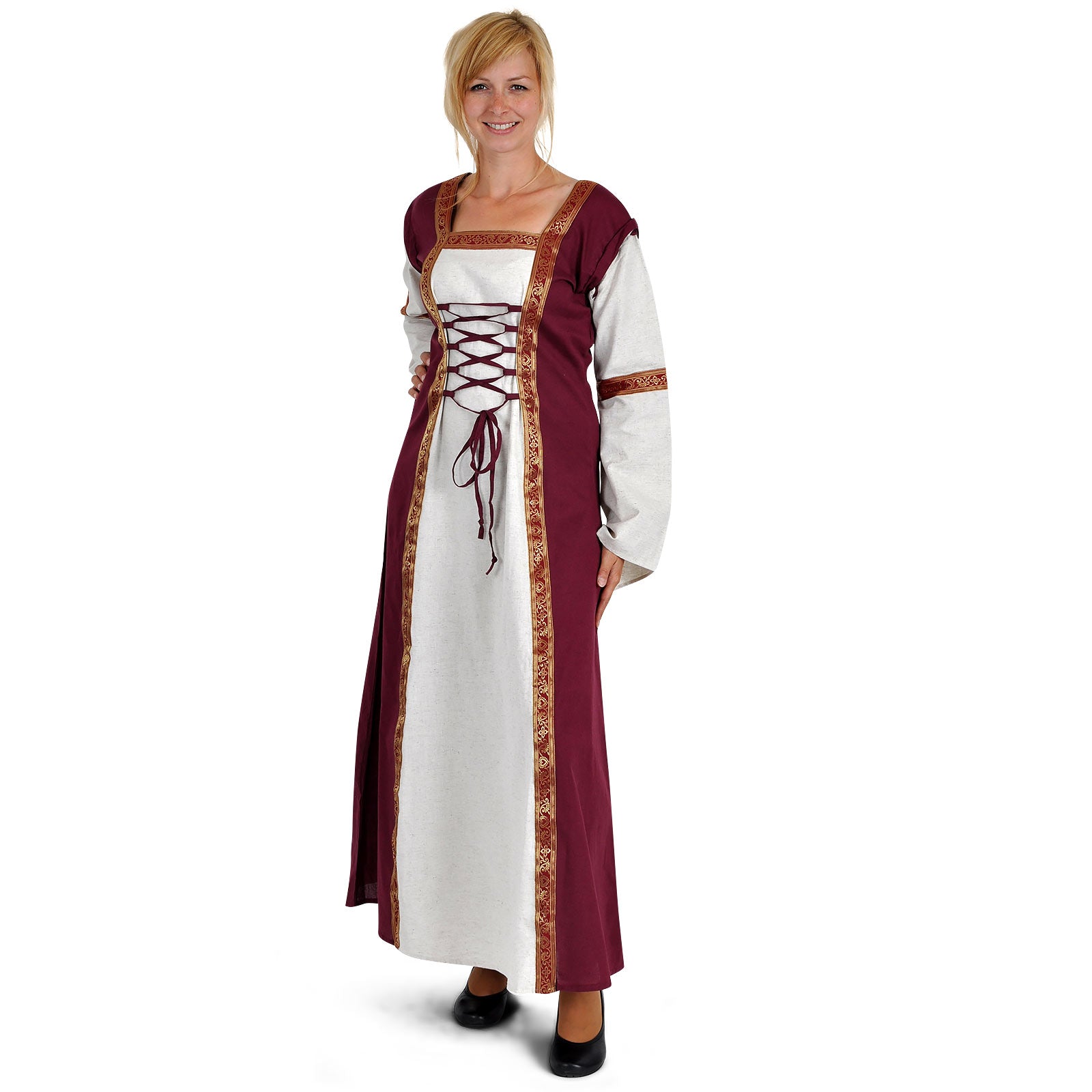 Produktbild Mittelalter Kleid Applonia mit abnehmbaren Ärmeln natur-bordeaux