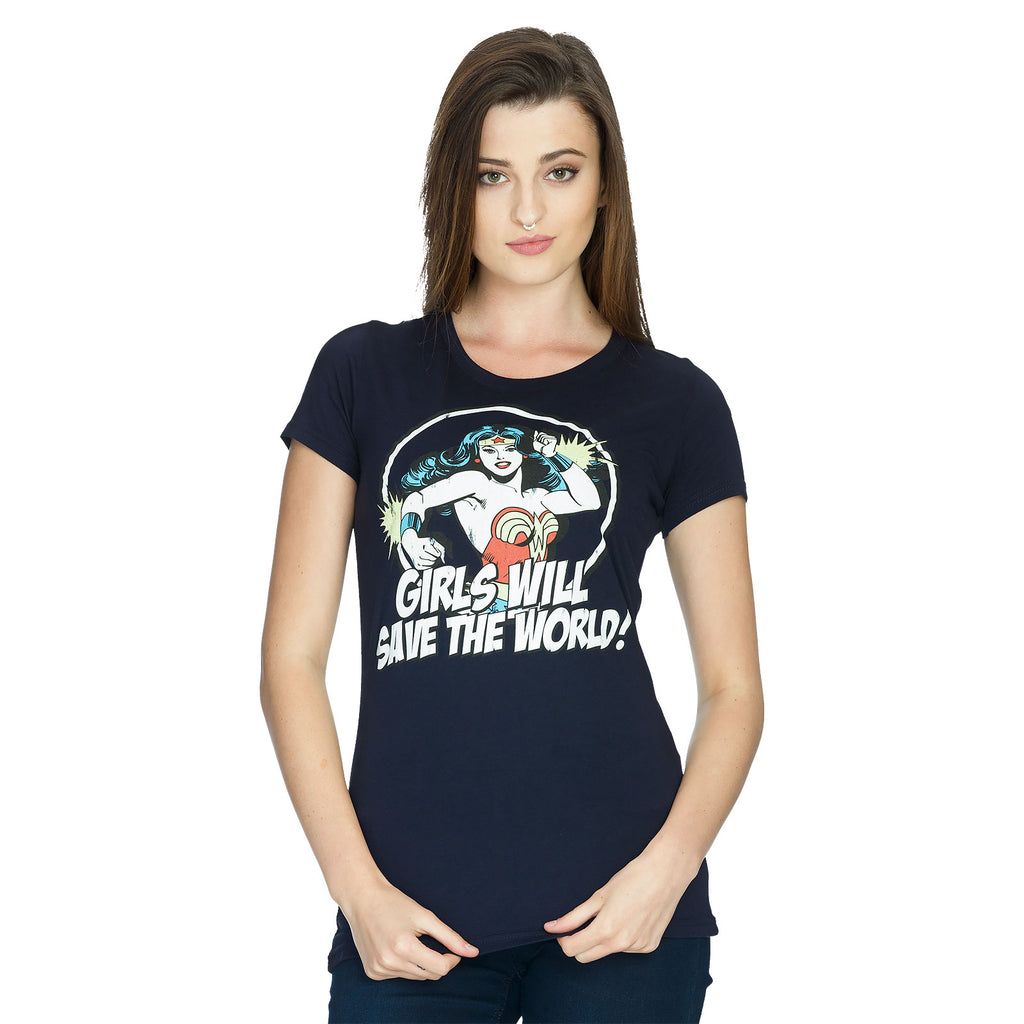Produktbild Wonder Woman - Girls Will Save The World Girlie Shirt blau