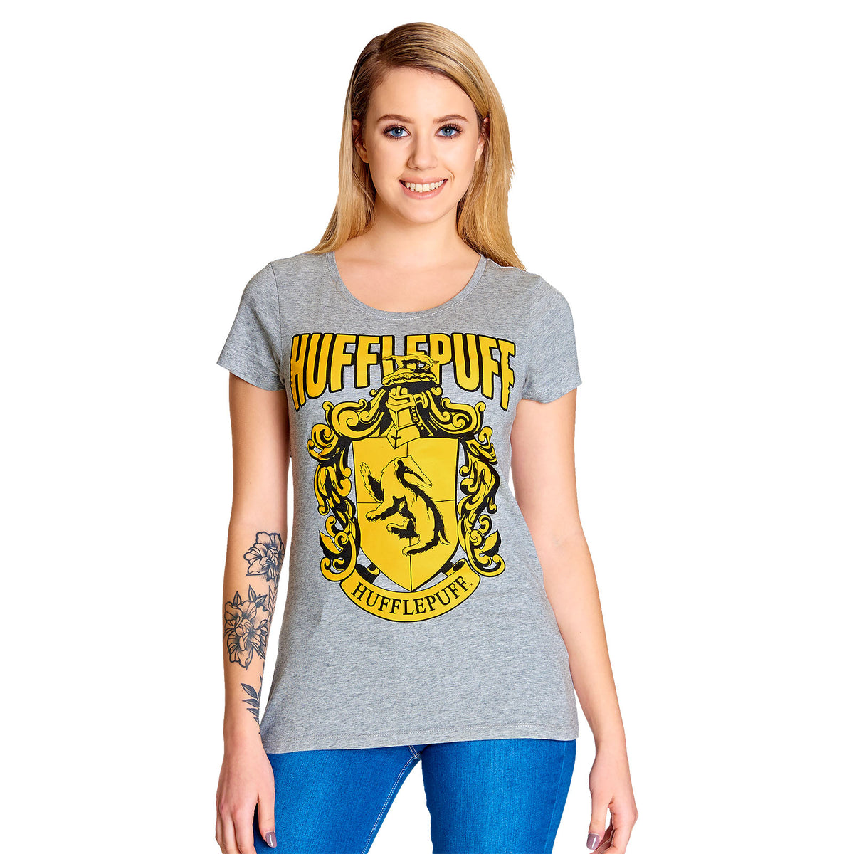 Produktbild Harry Potter - Hufflepuff Wappen T-Shirt Damen grau