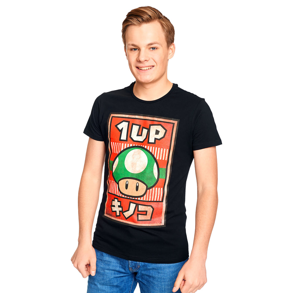 Super Mario - 1 UP Pilz Propaganda Poster T-Shirt schwarz