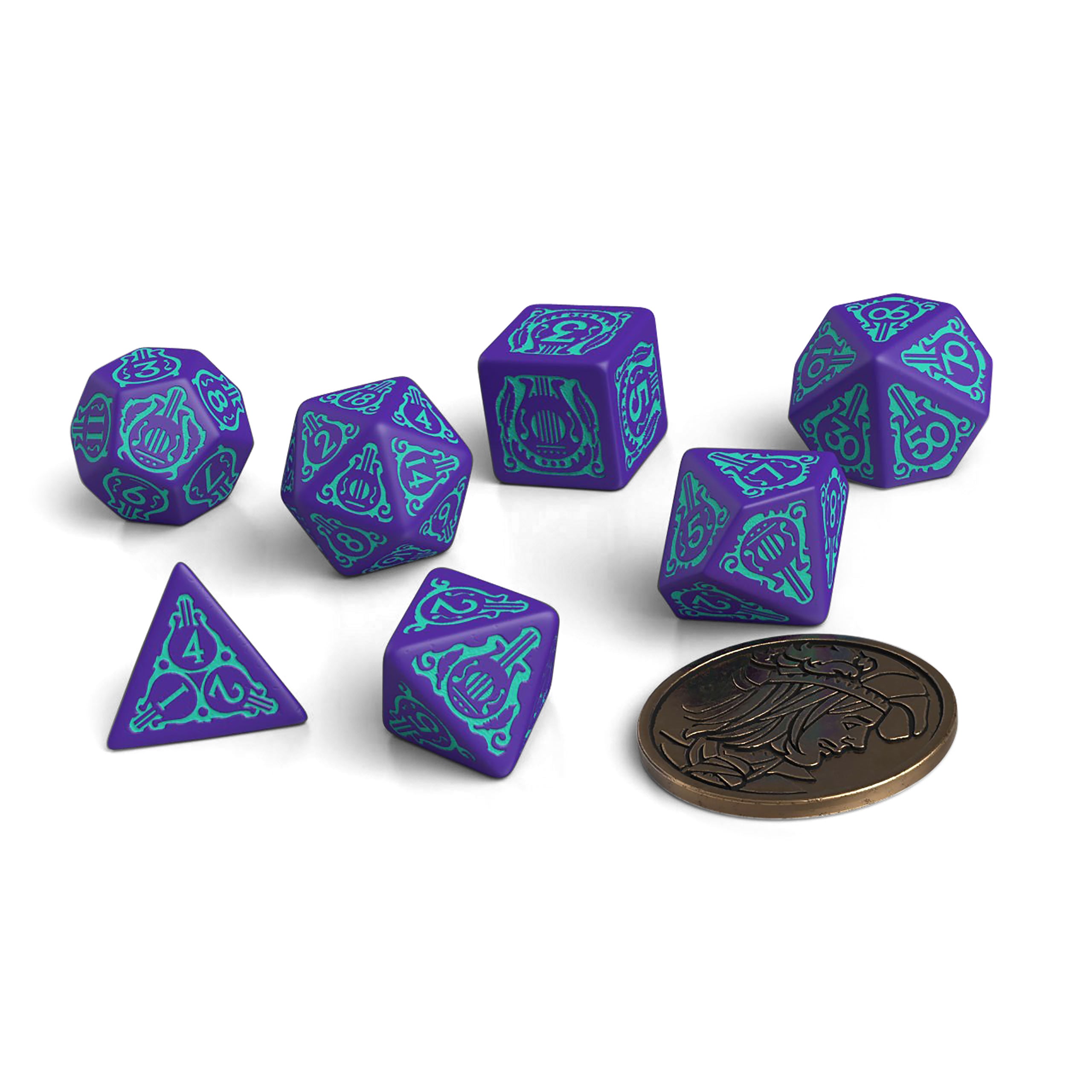 Produktbild Witcher - Dandelion Half a Century of Poetry RPG Würfel Set 7tlg mit Sammlermünze