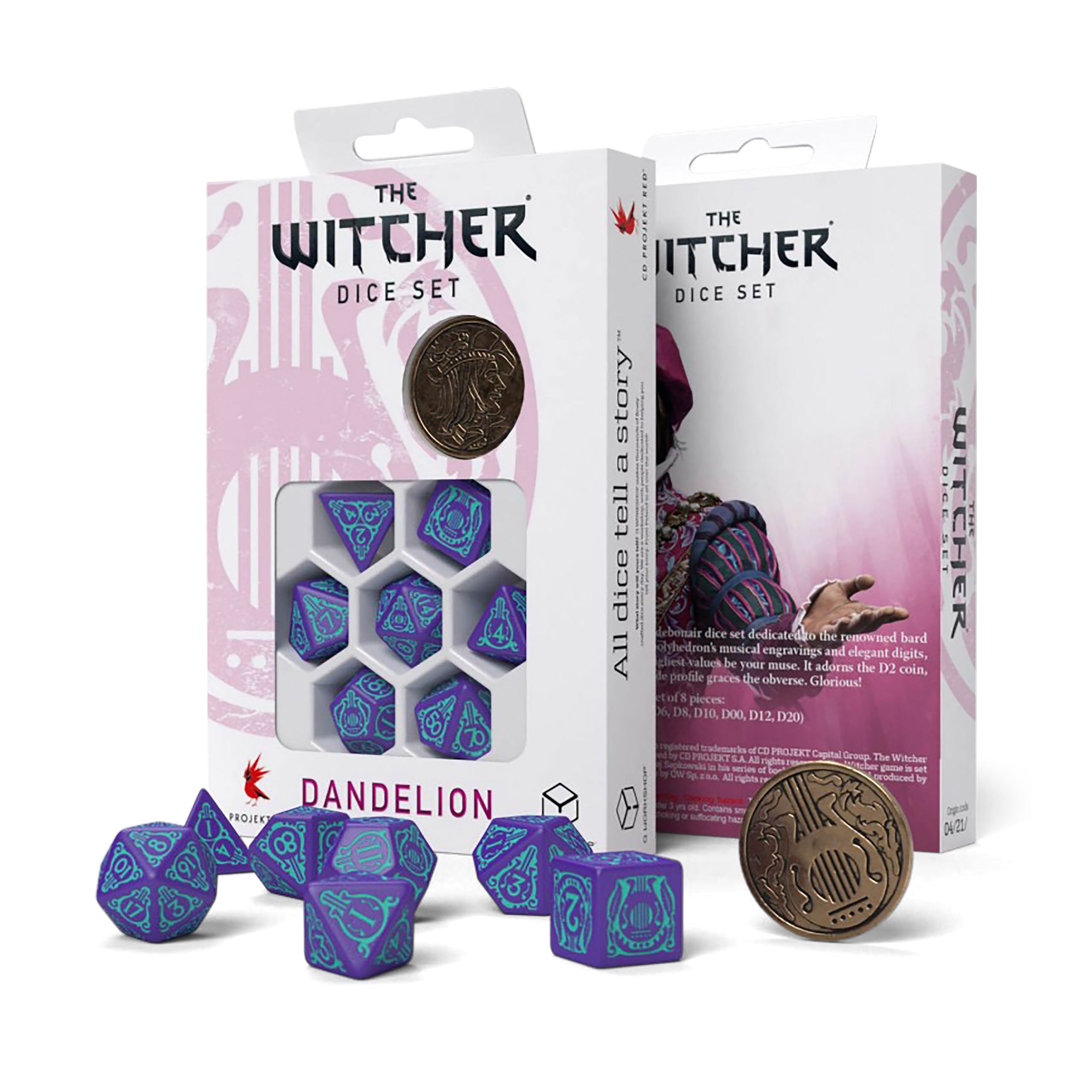 Produktbild Witcher - Dandelion Half a Century of Poetry RPG Würfel Set 7tlg mit Sammlermünze