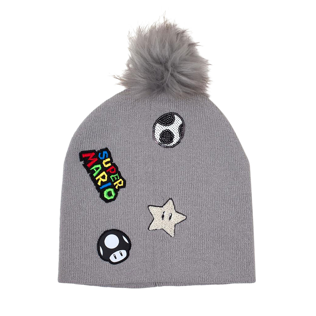 Super Mario - Icons Mütze mit Bommel grau