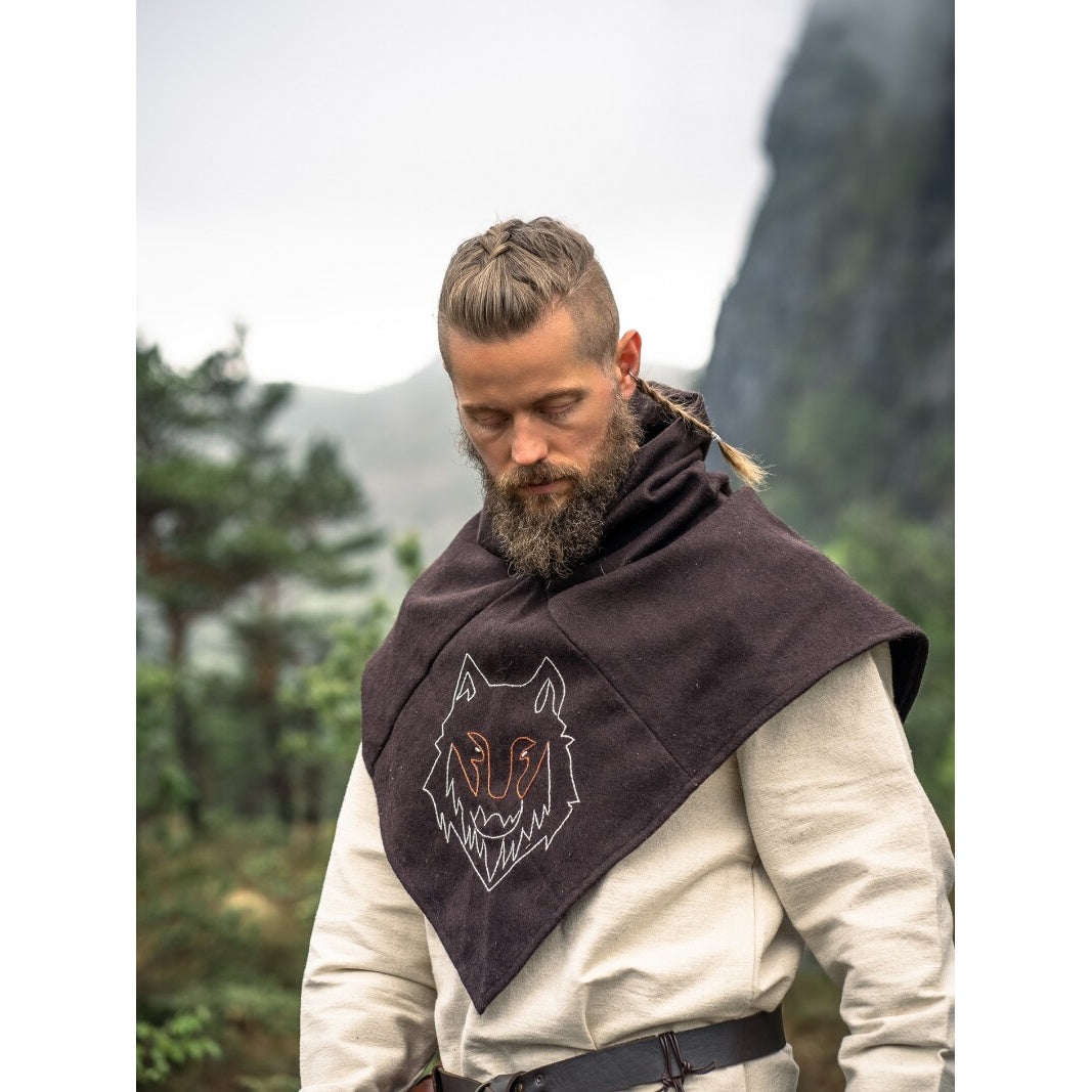 Produktbild Mittelalter Gugel Tyr mit Wolfsstickerei braun