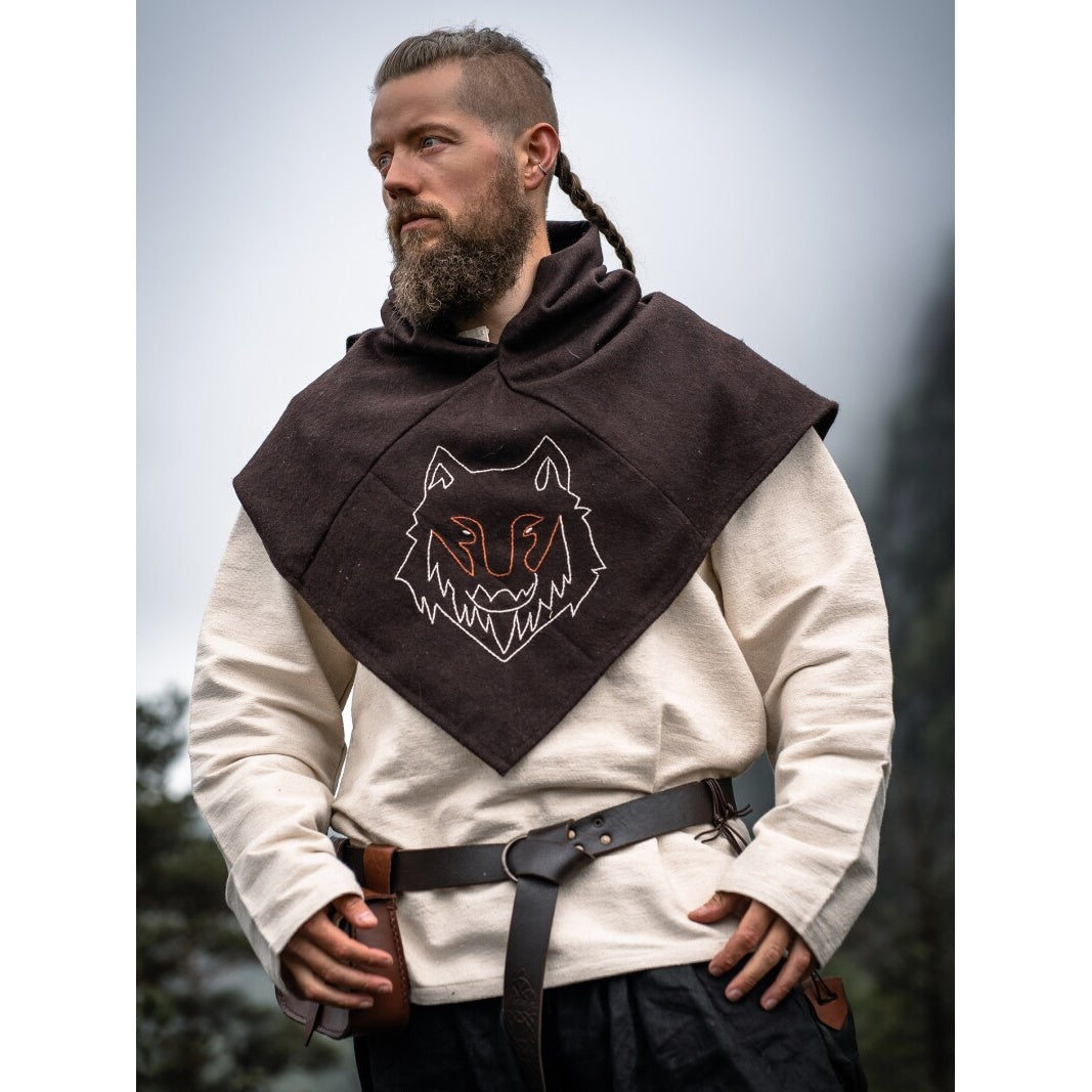 Produktbild Mittelalter Gugel Tyr mit Wolfsstickerei braun