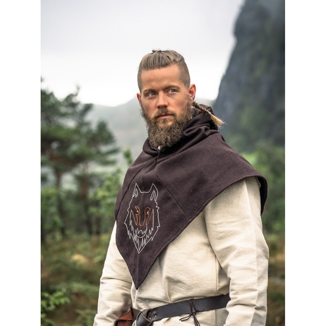 Produktbild Mittelalter Gugel Tyr mit Wolfsstickerei braun