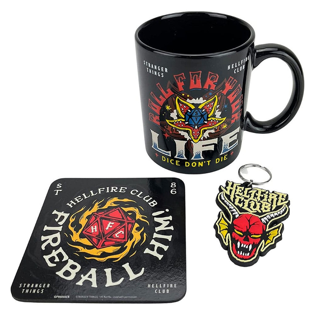 Produktbild Stranger Things Tasse, Untersetzer und Schlüsselanhänger Set Hellfire