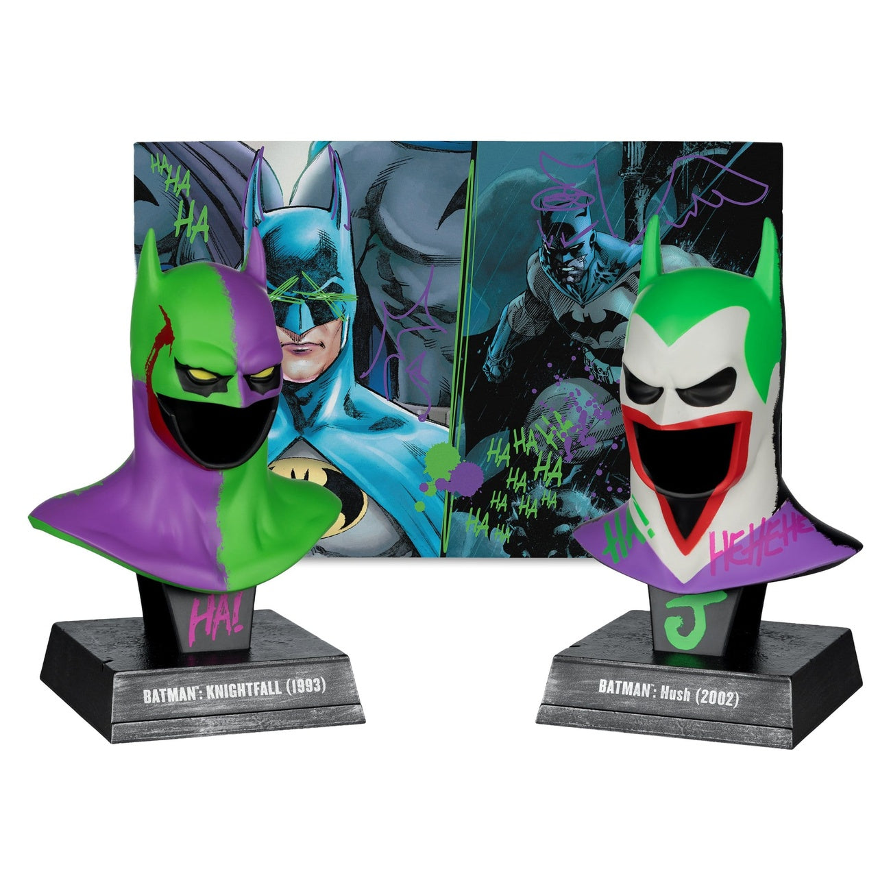 Produktbild Batman DC Direct Mini-Replik 1/3 2er-Pack Batman Masken Hush & Knightfall (Jokerized) (Gold Label) 18 cm