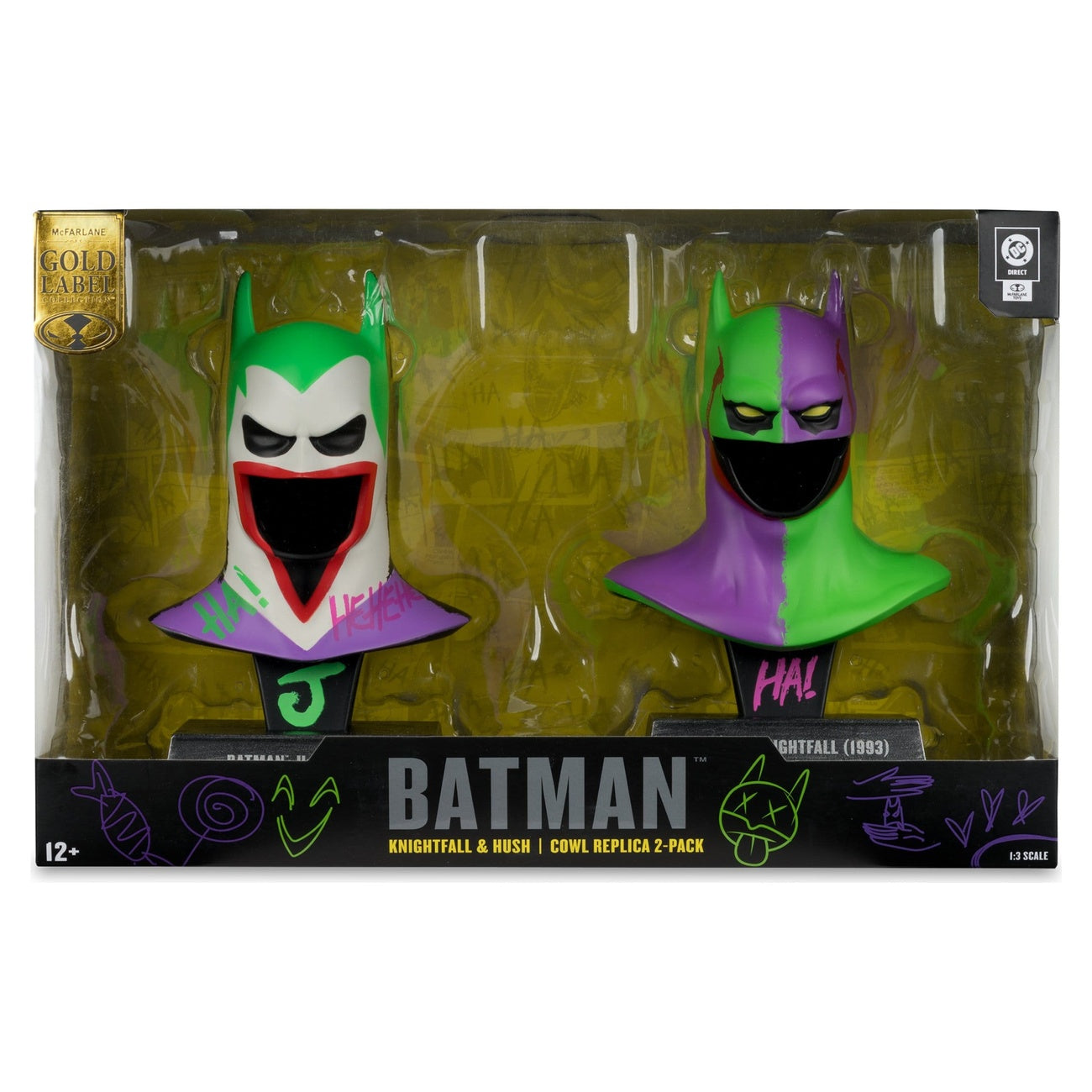 Produktbild Batman DC Direct Mini-Replik 1/3 2er-Pack Batman Masken Hush & Knightfall (Jokerized) (Gold Label) 18 cm