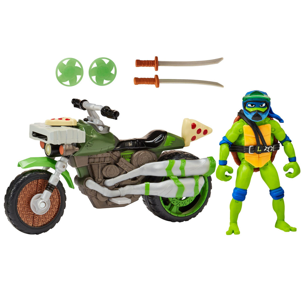 Produktbild Teenage Mutant Ninja Turtles: Mutant Mayhem Drive N Kick Action Figur Leonardo & Motorrad 11 cm