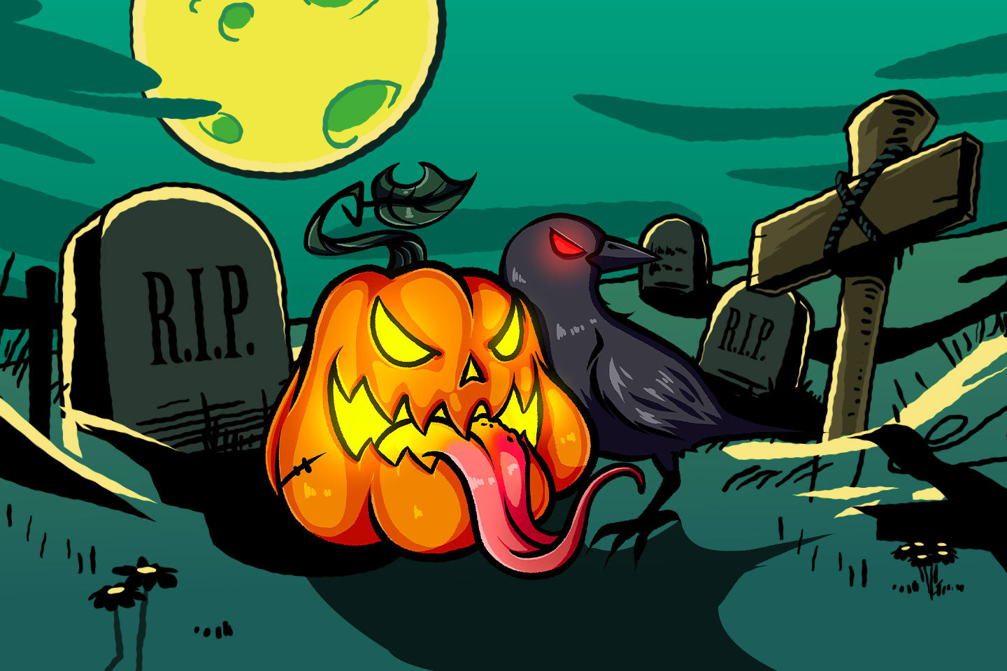 Gruselige Halloween-Szene auf einem Friedhof mit leuchtendem Kürbis, schwarzem Raben, Grabsteinen und Vollmond.
